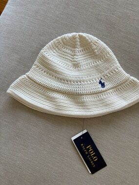 Polo by Ralph Lauren Cream Crochet Bucket Hat with Navy Logo